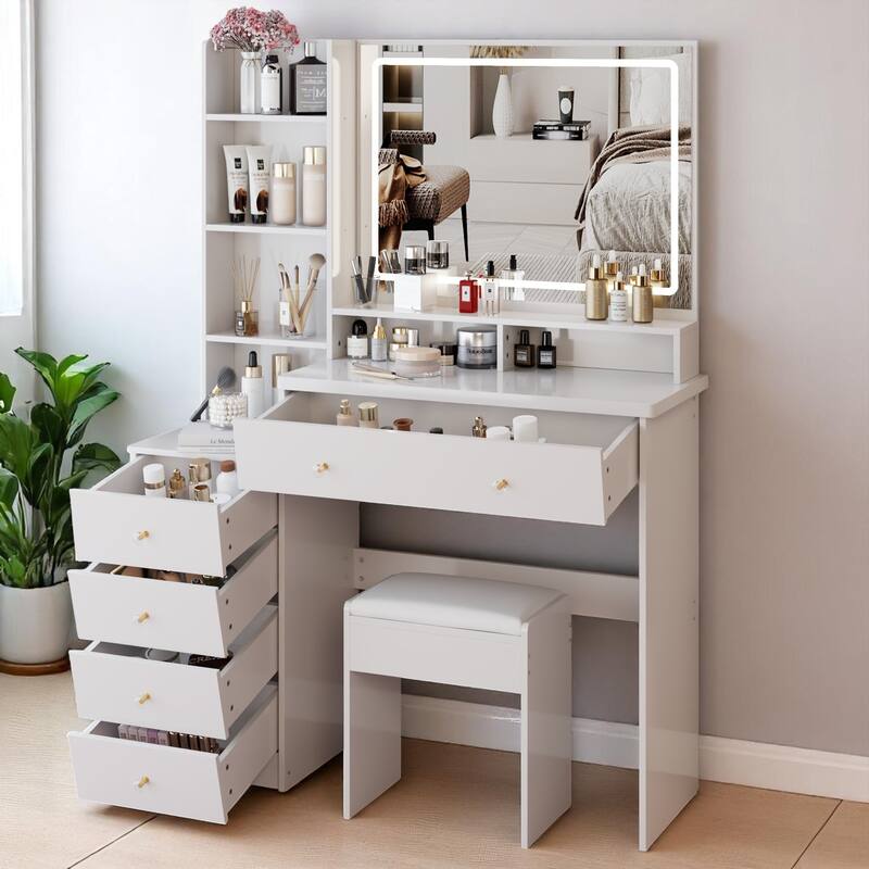 Makeup Vanity Desk with Extra Large Lighted Mirror, Left Drawer Cabinet, Adjustable LED Lighting, and Stool for Bedroom