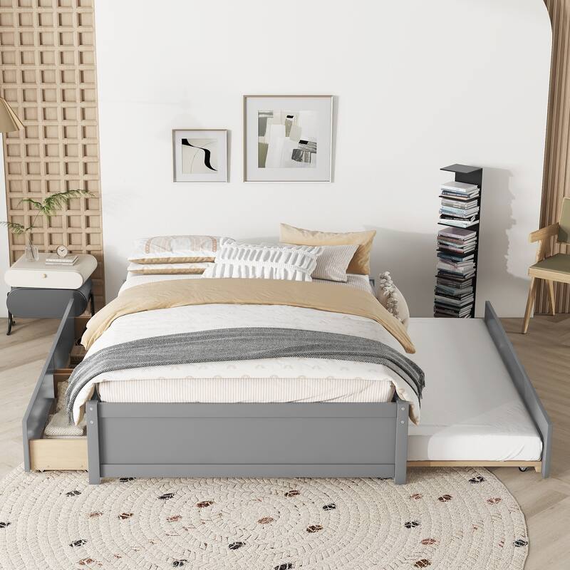 Solid Wood Captain Bed with Trundle and Drawers - Full Size Bed with Modern Design