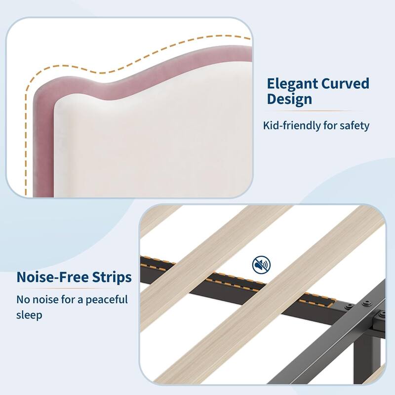 Upholstered Bed Frame for Kids with Storage Drawer and Scallop Headboard, No Box Spring Needed