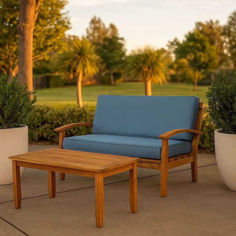 Outdoor Loveseat and Coffee Table Set, Blue Cushions, Brown Acacia Wood