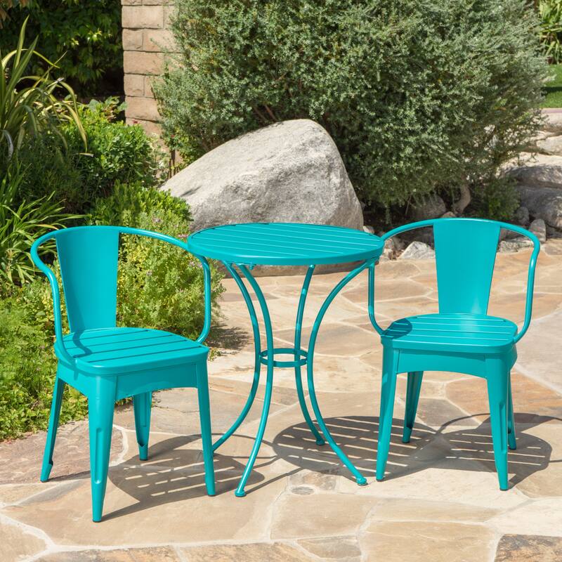 Modern 3-Piece Powder-Coated Iron Bistro Set with Round Slatted Table and Stackable Armchairs for Compact Outdoor Spaces