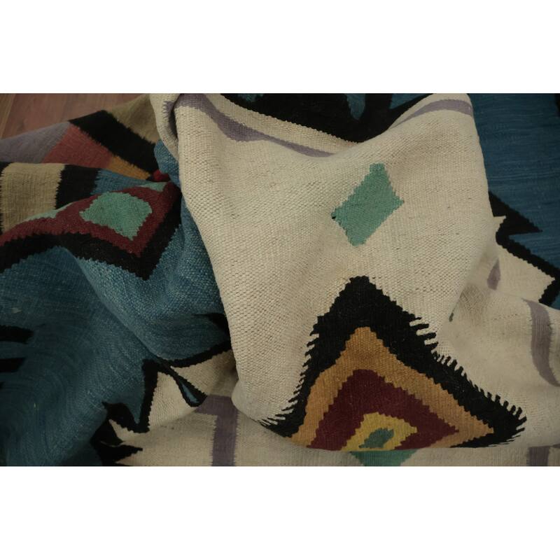 Hand Woven Oriental 100% Wool Carpet Southwestern Tribal Navy Blue & Blues Kilim Area Rug - 11' 11'' X 8' 11''