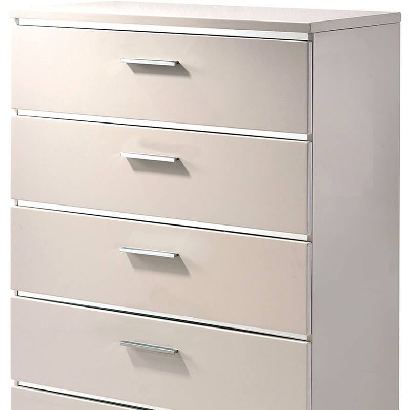 Wood and Metal Chest with 5 Drawers and Block Legs, White and Silver