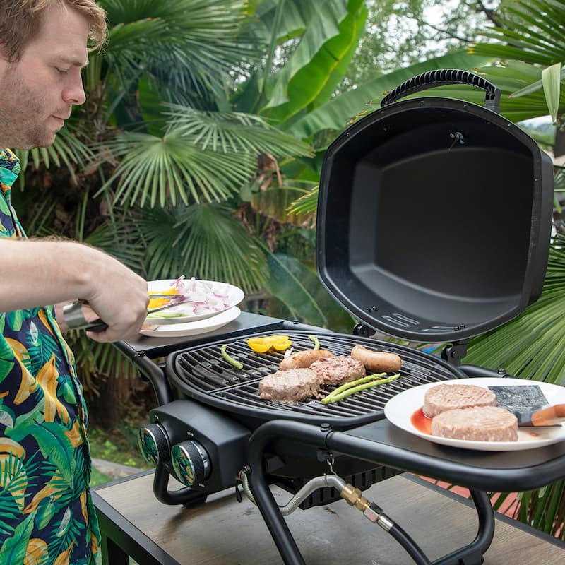2-Burner Portable Table Patio Gas Grill with Cast Iron Grates