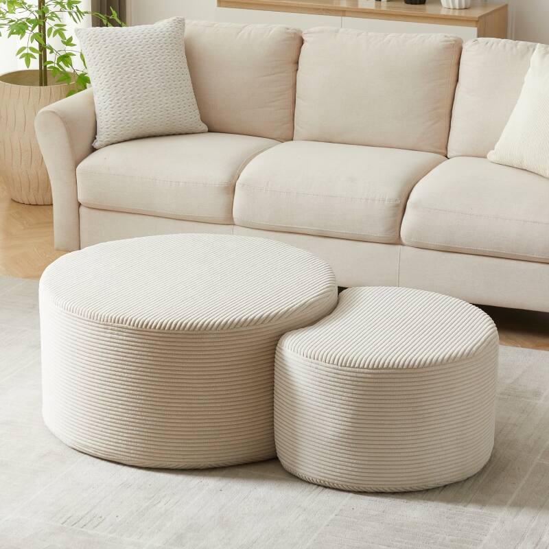 Roomfitters Nesting Ottoman Coffee Table Set of 2, Upholstered Round Foam Tables for Living Room