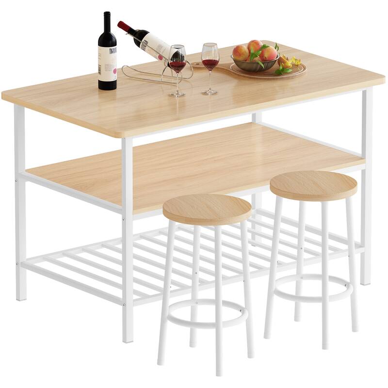 Mieres Kitchen Island with 2 Stools and Open Shelves