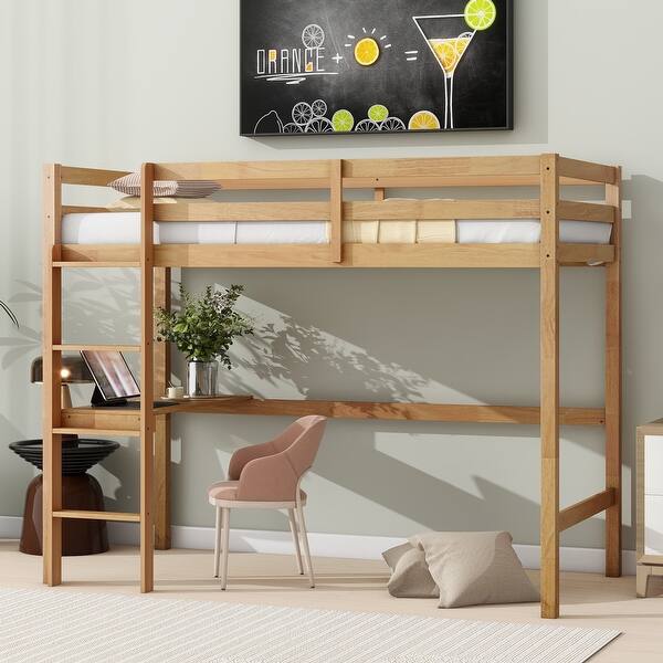 slide 2 of 10, Functional Design High Rubber Wood Loft Bed with Safety Guardrail, built-in desk, ladder, Twin , Oak Oak