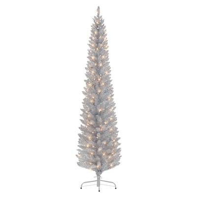 Puleo International 7 ft Pre-Lit Silver Tinsel Artificial Tree 316 Tips 150 Clear Lights