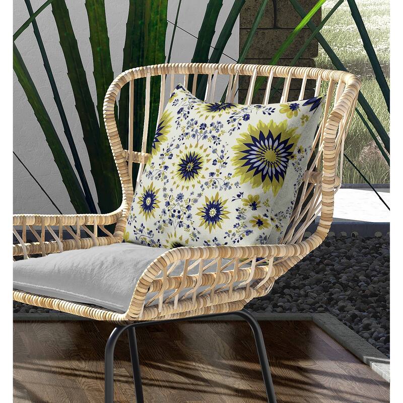 Delightful Dandelions Indoor/Outdoor Reversible Throw Pillow Indigo and Olive