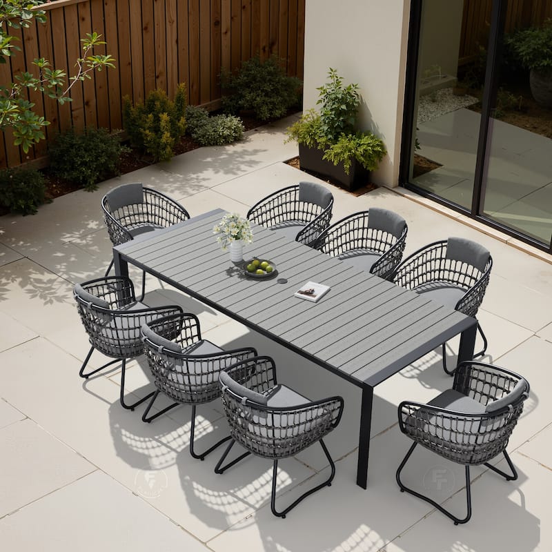 9-Piece Outdoor Patio Dining Set Wood Like Table Top Aluminum Rectangular Umbrella Hole Table with PE Rattan Chairs