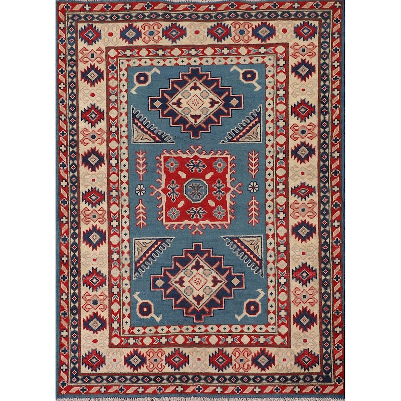 Blue Geometric Kazak Oriental Accent Rug Hand-Knotted Wool Carpet - 3'6"x 4'6"