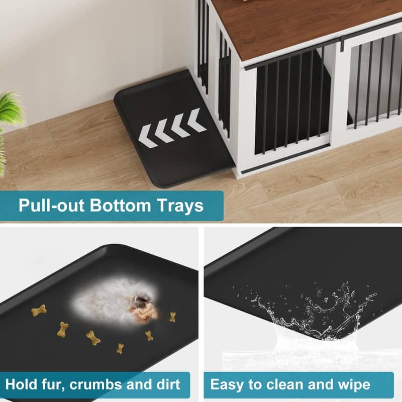 71inch Dual Dog Crate Furniture Heavy Duty Wooden Kennel withSliding Barn Doors Divider TV Stand for Large Breeds