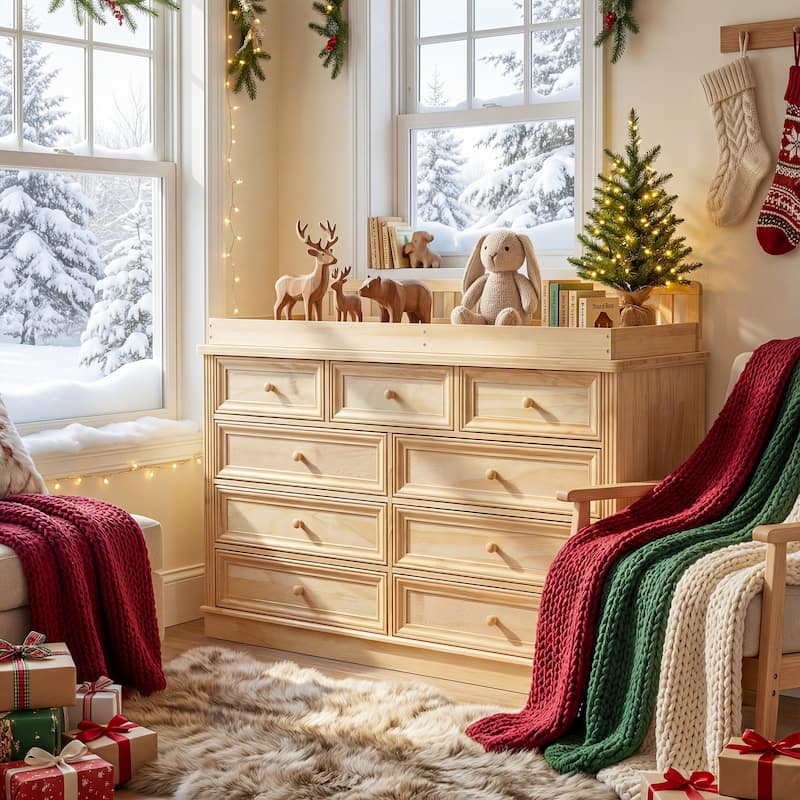 Solid Pine Wood Baby Changing Table Dresser with 9 Drawers – Natural Finish Nursery Dresser with Removable Changing Topper