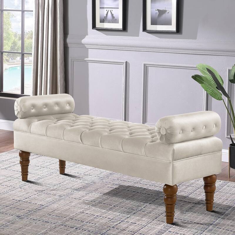 Modern luxury style tufted upholstered bench with pillow style armrests and wooden legs - Champagne