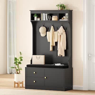 Hall Tree with Bench and Shoe Storage, Mud Room with Seating and 7 Hooks, 6-in-1,for Entryway, 70.9"