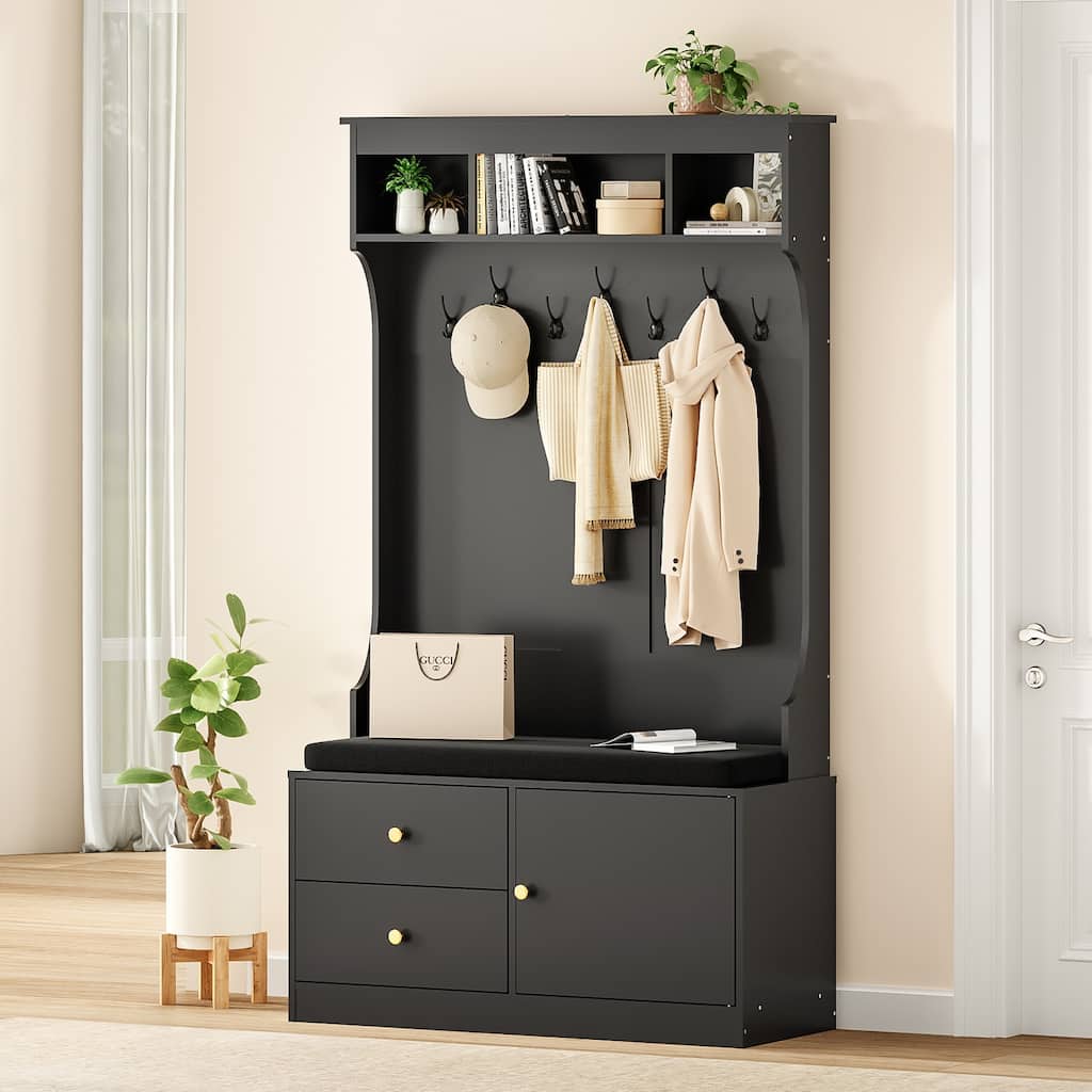 Hall Tree with Bench and Shoe Storage, Mud Room with Seating and 7 Hooks, 6-in-1,for Entryway, 70.9"