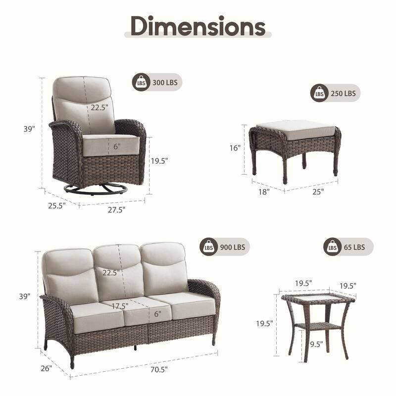 Luna 7-Piece Wicker Patio Conversation Set with Swivel Gliders and 6-Inch Thick Olefin Cushions