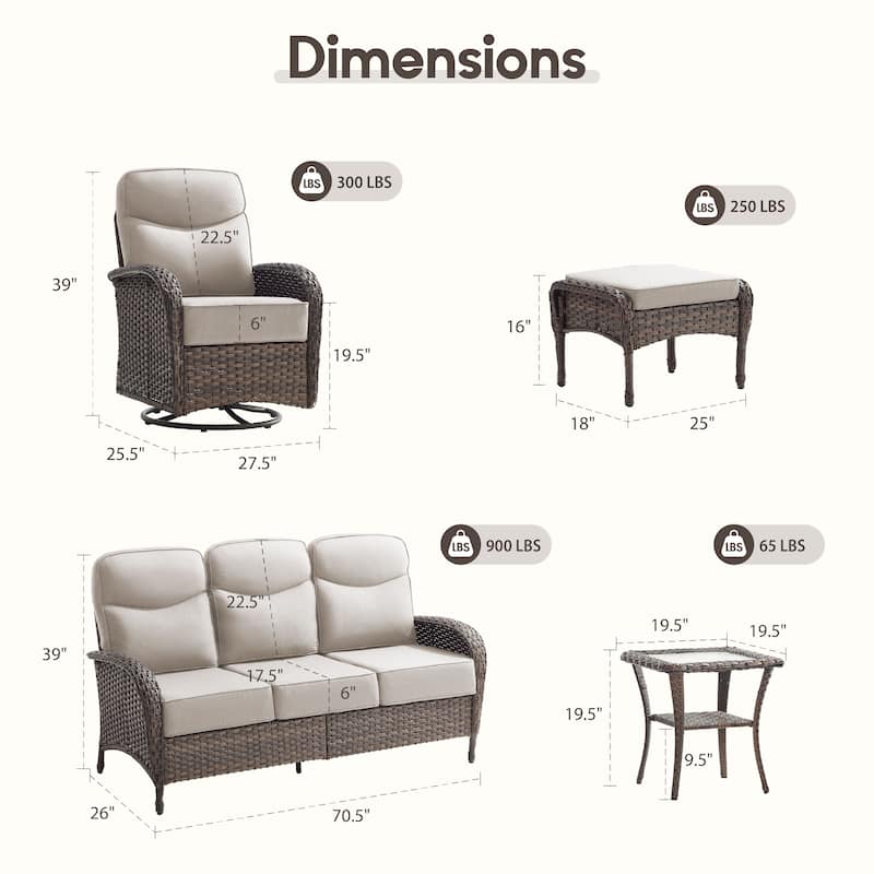 Meyreso 8-Piece Wicker Patio Conversation Set with Swivel Gliders and 6-Inch Thick Olefin Cushions