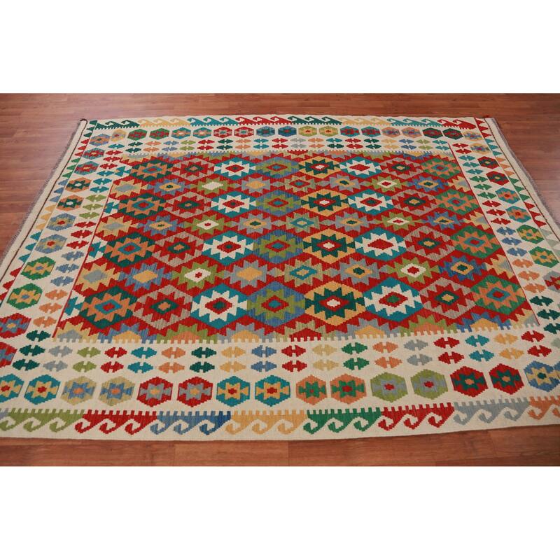 Hand Woven Oriental 100% Wool Carpet Southwestern Geometric Multi-Colored Kilim Area Rug - 8' 4'' X 6' 4''