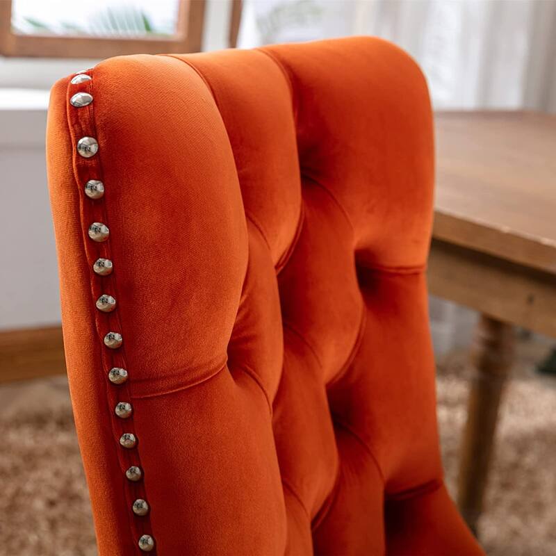 Set of 2 Velvet Dining Chairs – Tufted Upholstered Armless Accent Chairs with Nailhead Trim & Back Ring Pull