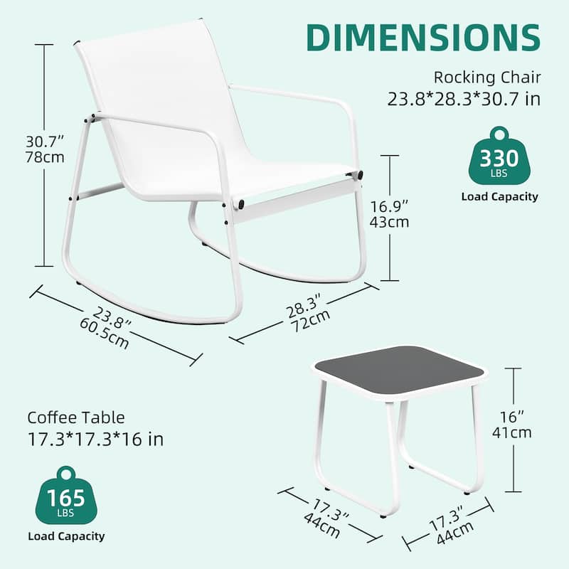 Moasis 3 Piece Rocking Patio Furniture Bistro Set with Chairs and Glass Table