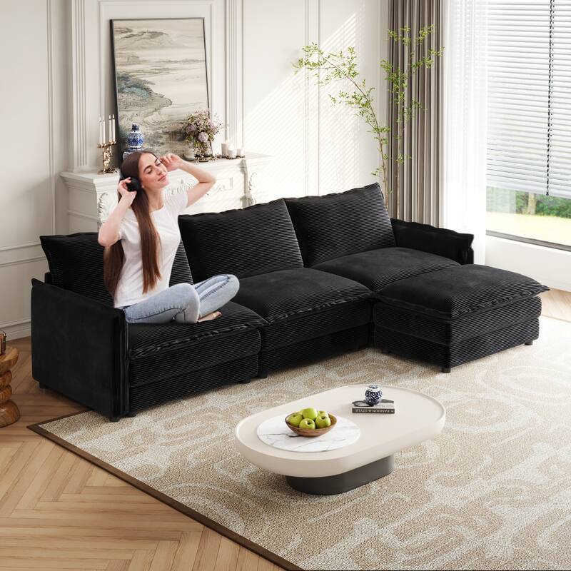 Living Room Cloud Sofa with Ottoman Chaise, 3-seater Upholstered Sectional Couch Corduroy Daybed Deep-seat Recliner Sofas - Black - Otto