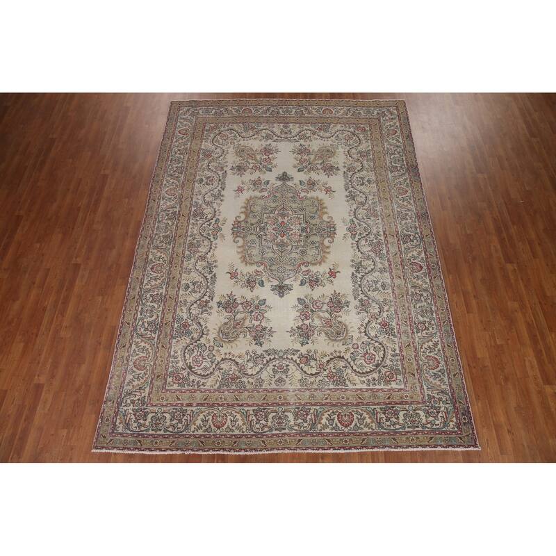 Hand Knotted Oriental 100% Wool Carpet Traditional Medallion Beige & Ivories Tabriz Area Rug - 11' 7'' X 8' 3''