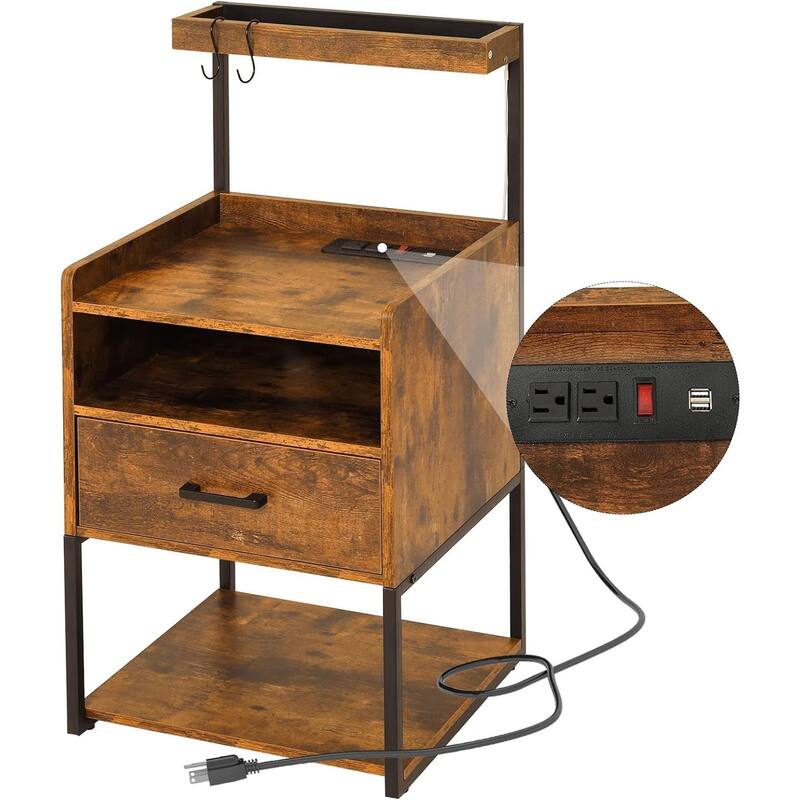 Nightstand with 1 Drawer Shelf USB Ports End Side Table