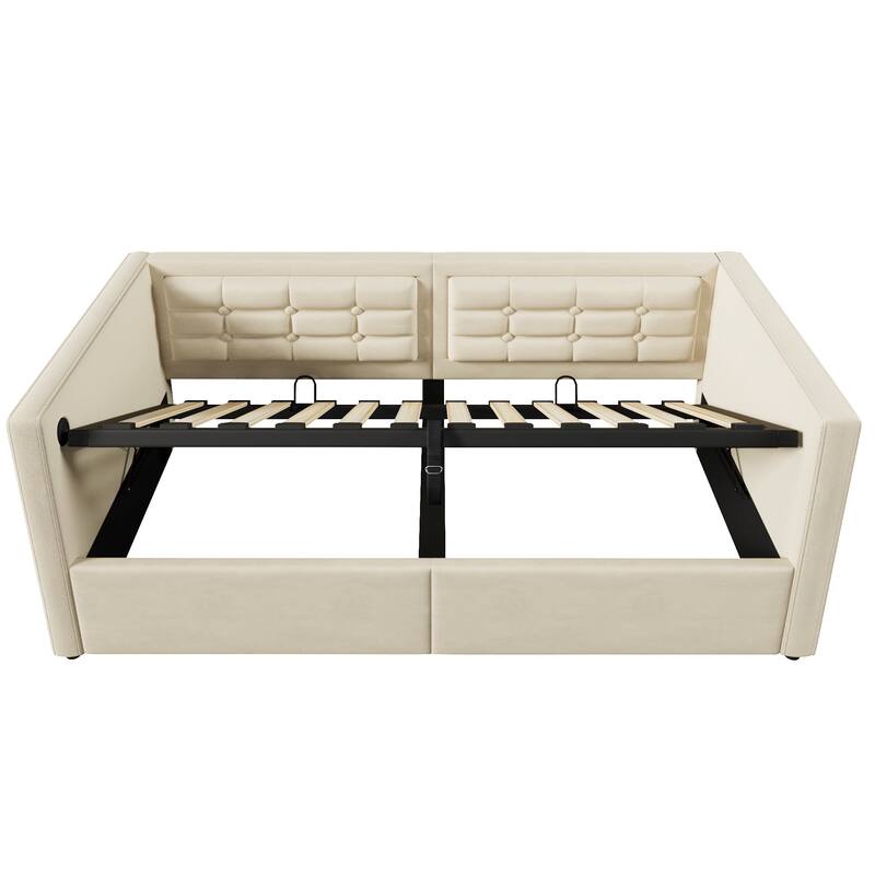 Beige Velvet Twin Daybed with Hydraulic Storage, USB Charging & Tufted Back!