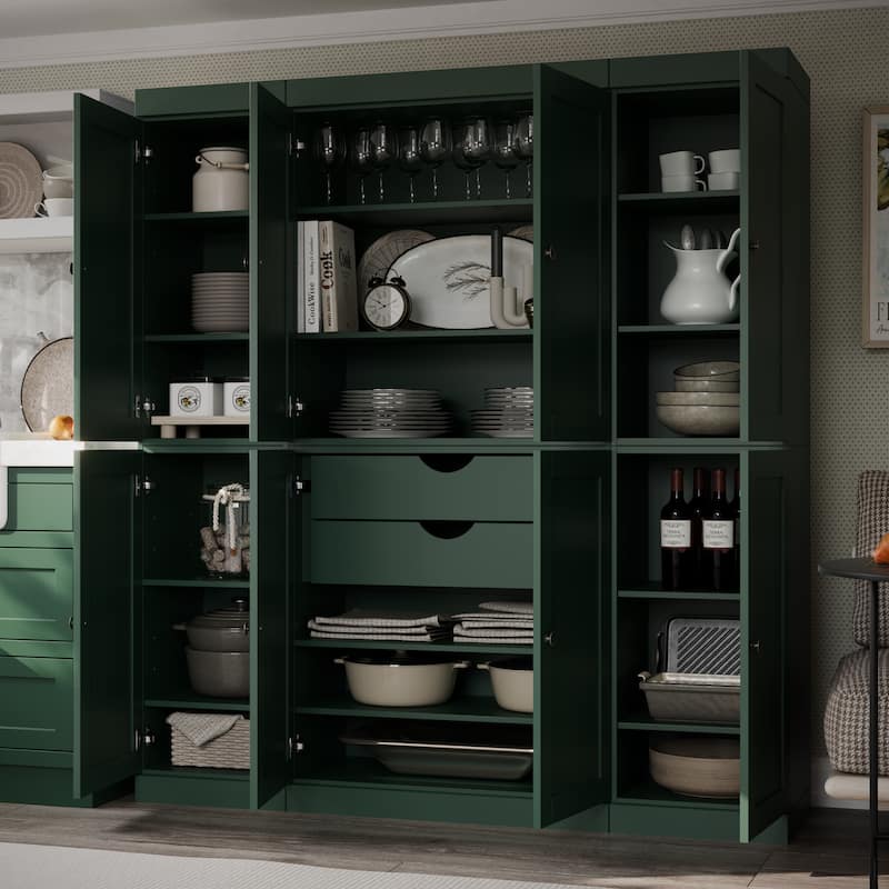 Palace Imports 100% Solid Wood 65" Pantry Cabinet with Shaker Doors, 2-Drawers and Adjustable Shelves - Green
