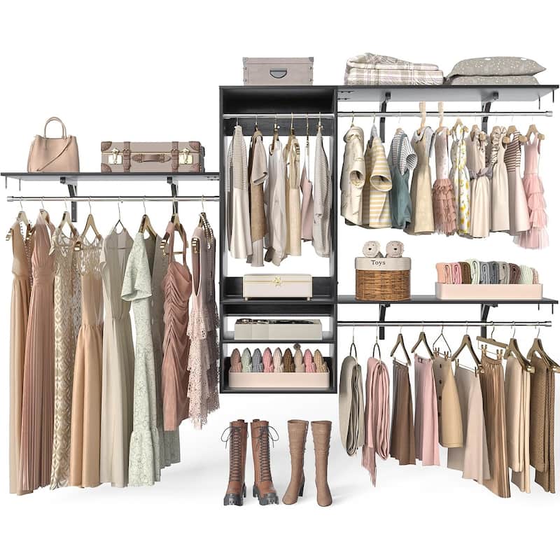 Rackcog 96'' Hanging Closet System with 3 Shelving Towers and 3 Hanging Rods,Wall-Mounted Walk-in Closet Organizer
