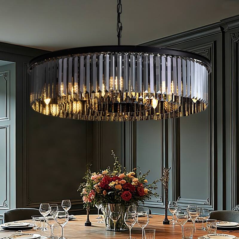 30-inch Smoky Gray Round Chandelier 2-Tier Modern Crystal Chandelier Kitchen Island Pendant Light for Dining Room Bedroom