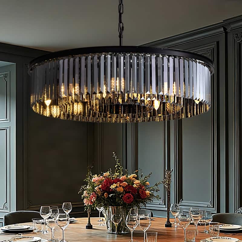 30-inch Smoky Gray Round Chandelier 2-Tier Modern Crystal Chandelier Kitchen Island Pendant Light for Dining Room Bedroom