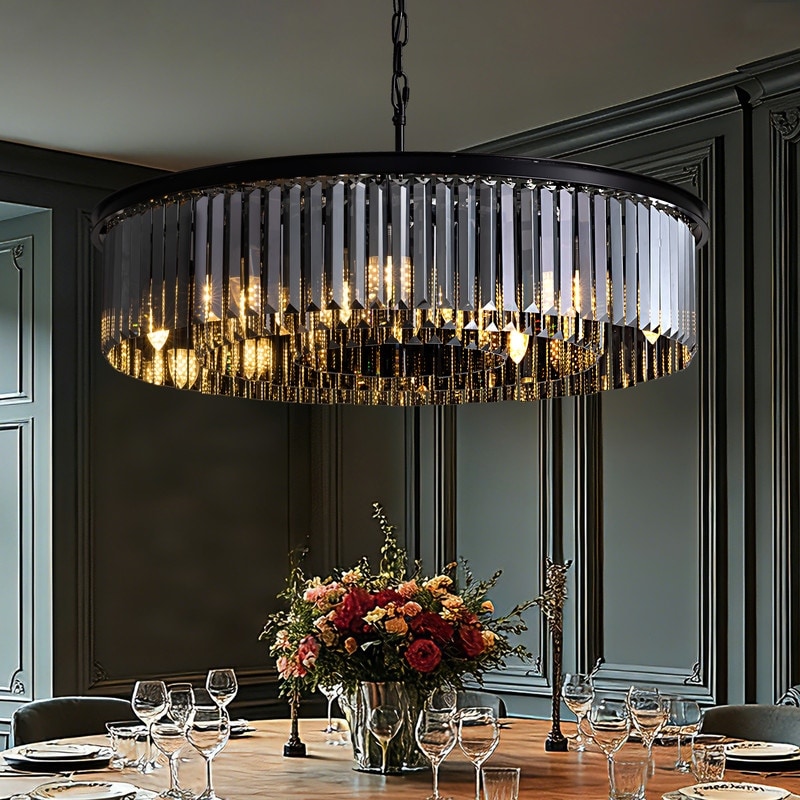 30-inch 12-Light Smoky Gray Crystal Round Chandelier, Modern Black Drum Pendant Light with Adjustable Chain