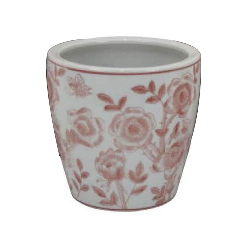 Kerry Accent Planter Pot Set of 4, Pink Floral Pattern, White Ceramic