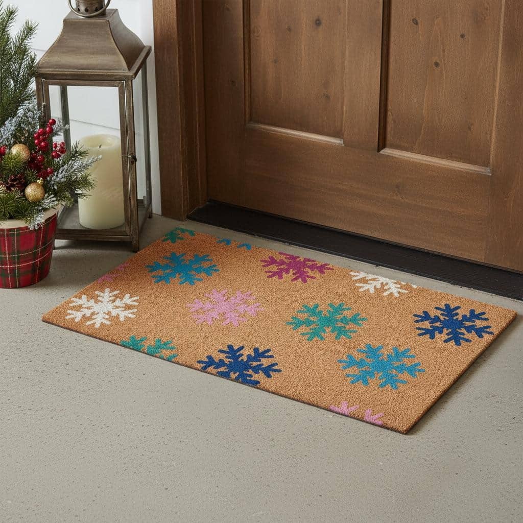HomeRoots 24" X 36" Brown Blue And White Christmas Snowflake Outdoor Coir Door Mat - 24.00' X '36.00