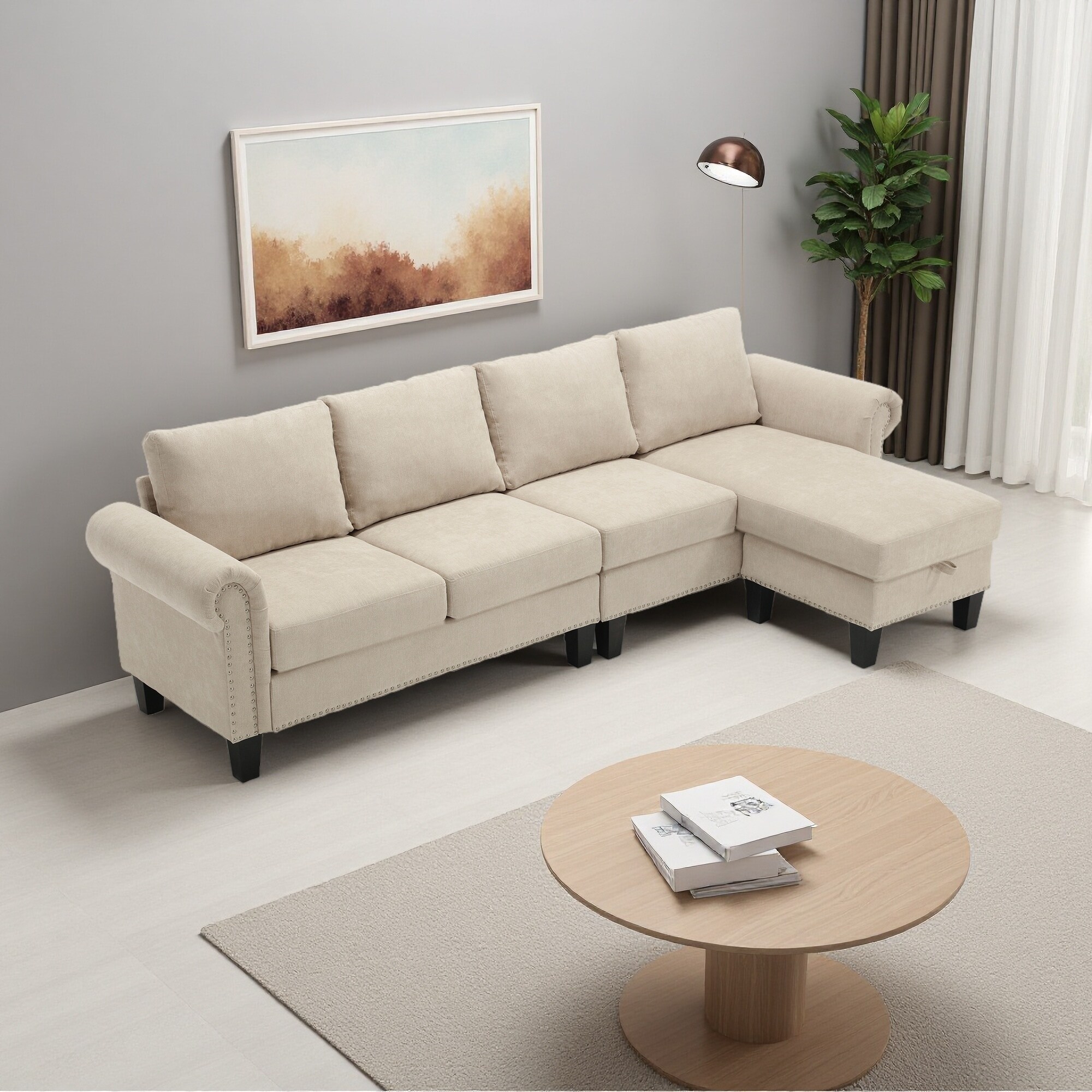 106" Linen L-Shaped 4-Seater Sectional Sofa with Storage Ottoman & Convertible Design