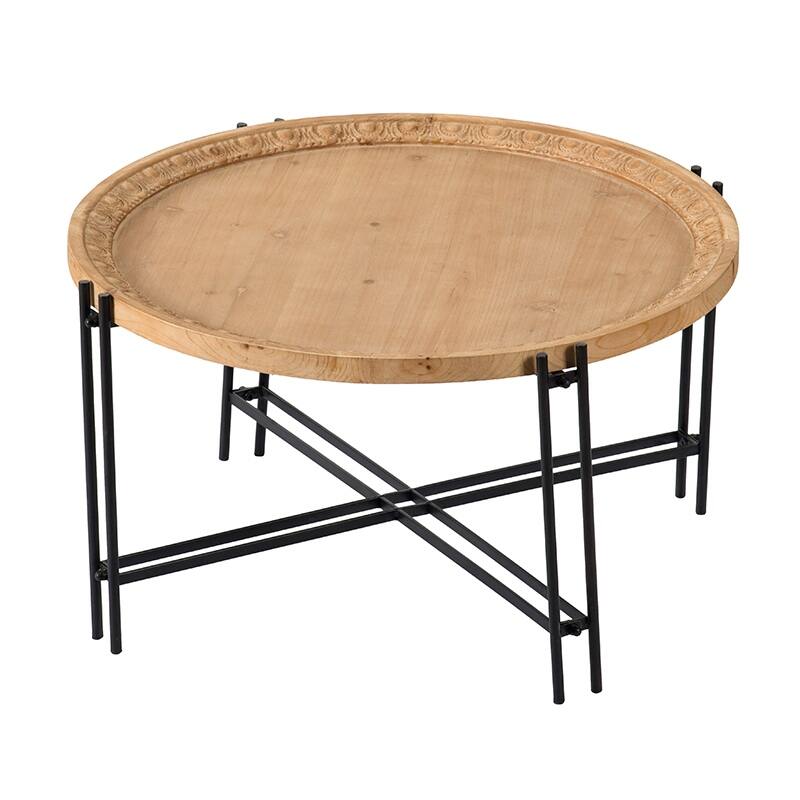 32" X 18" Farmhouse Round Wooden Round Coffee Table With Metal Legs