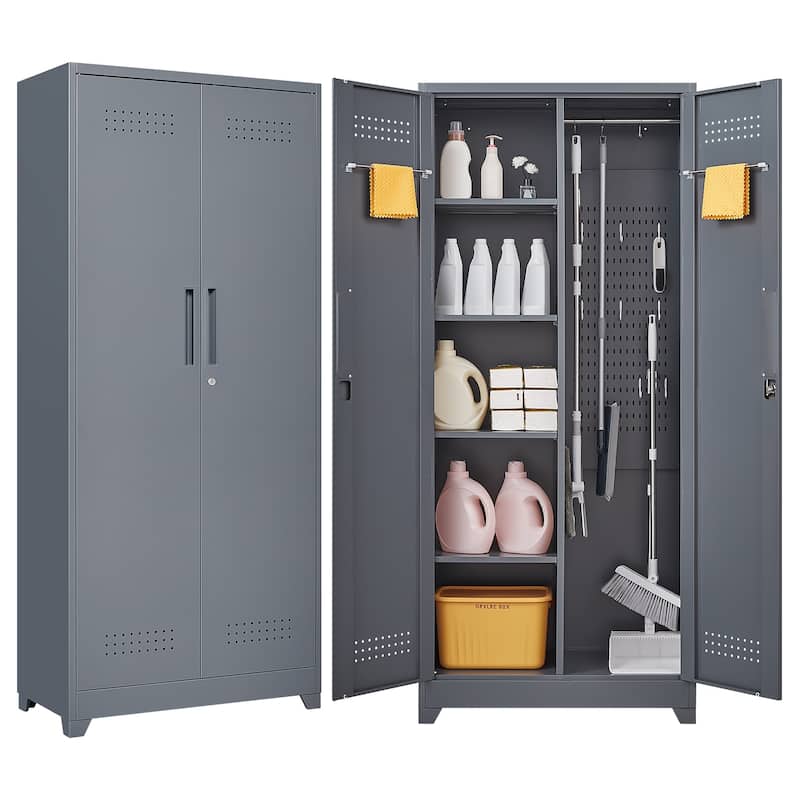 Metal Cleaning Tool Cabinets With Locking Doors, High Broom Tool Storage Cabinets, Adjustable Shelves - Grey