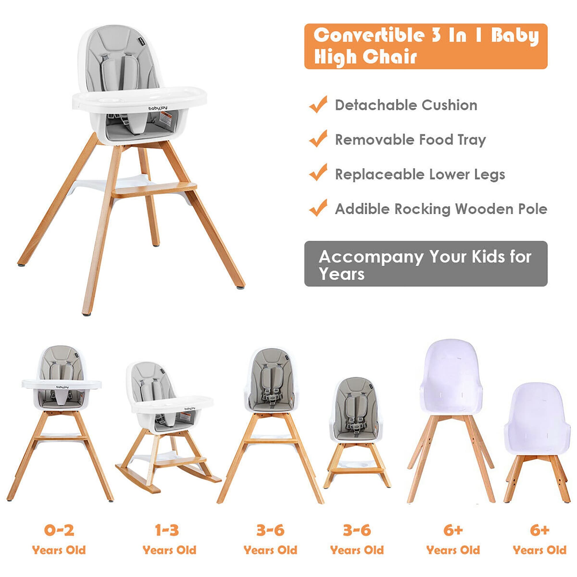 Costway 3 in 1 Convertible Wooden Baby High Chair w Tray