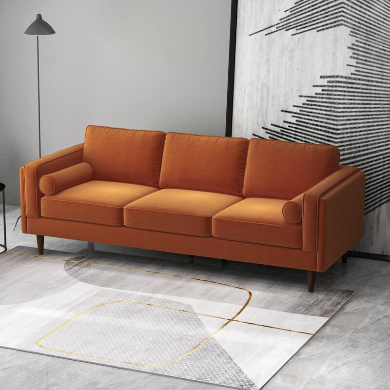 Flavia Mid Century Modern Pillow Back Velvet Sofa - Orange
