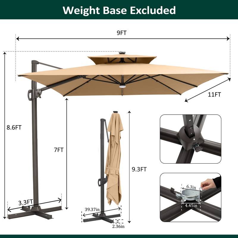 9 X 11 FT Outdoor Patio Cantilever Umbrella with Solar Lights Double Canopy 360 Rotation Tilt