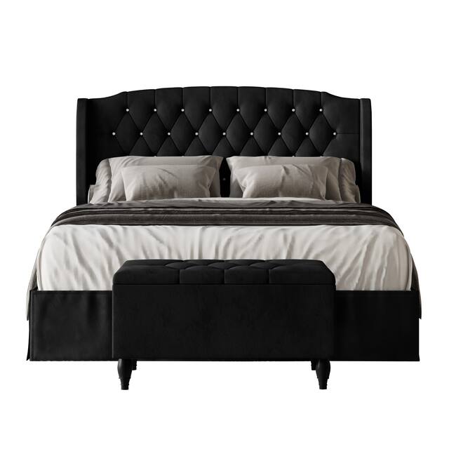 CraftPorch 2 Piece Bedroom Set in Luxurious Velvet Wingback Panel Upholstered Bed - Black - Twin