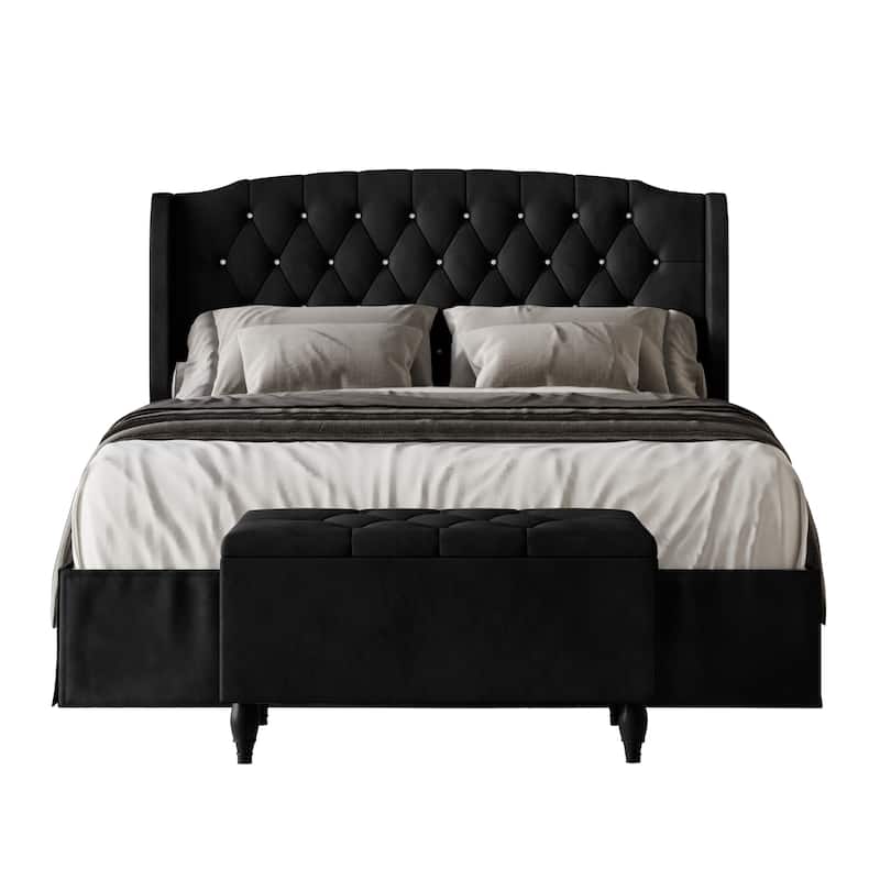 CraftPorch 2 Piece Bedroom Bench Set Velvet Wingback Upholstered Bed - Black - Queen