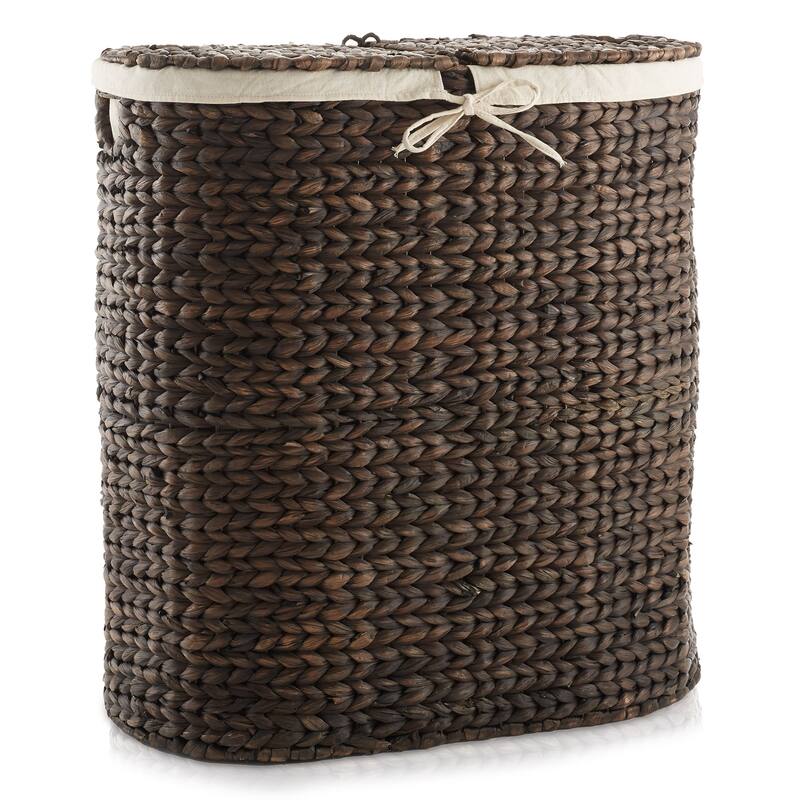 2Section Oval Laundry Hamper Basket w Lids and Liner Bags for Clothes