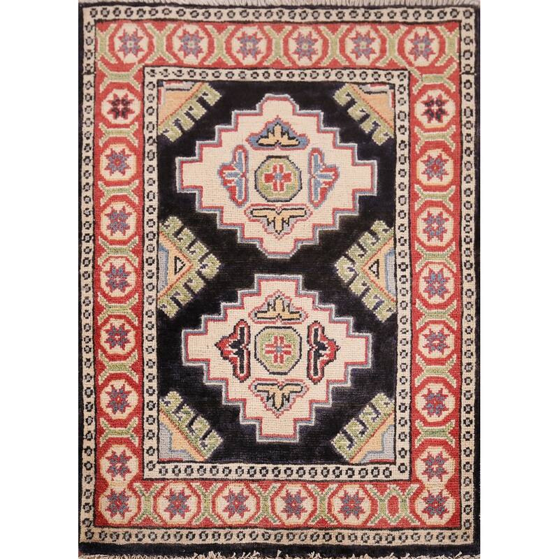 Black Geometric Kazak Oriental Foyer Rug Hand-Knotted Wool Carpet - 2'1" x 2'8"
