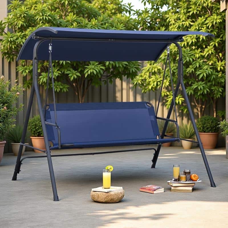 Steel 3-Person Porch Swing with Stand - Outdoor Canopy Swing (528lb Capacity) - Blue