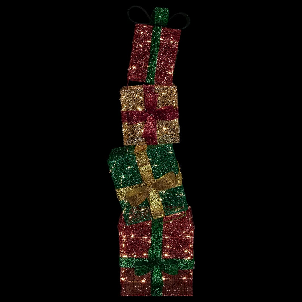 LED Lighted Stacked Christmas Gifts Outdoor Decoration - 53" - Warm White - Red