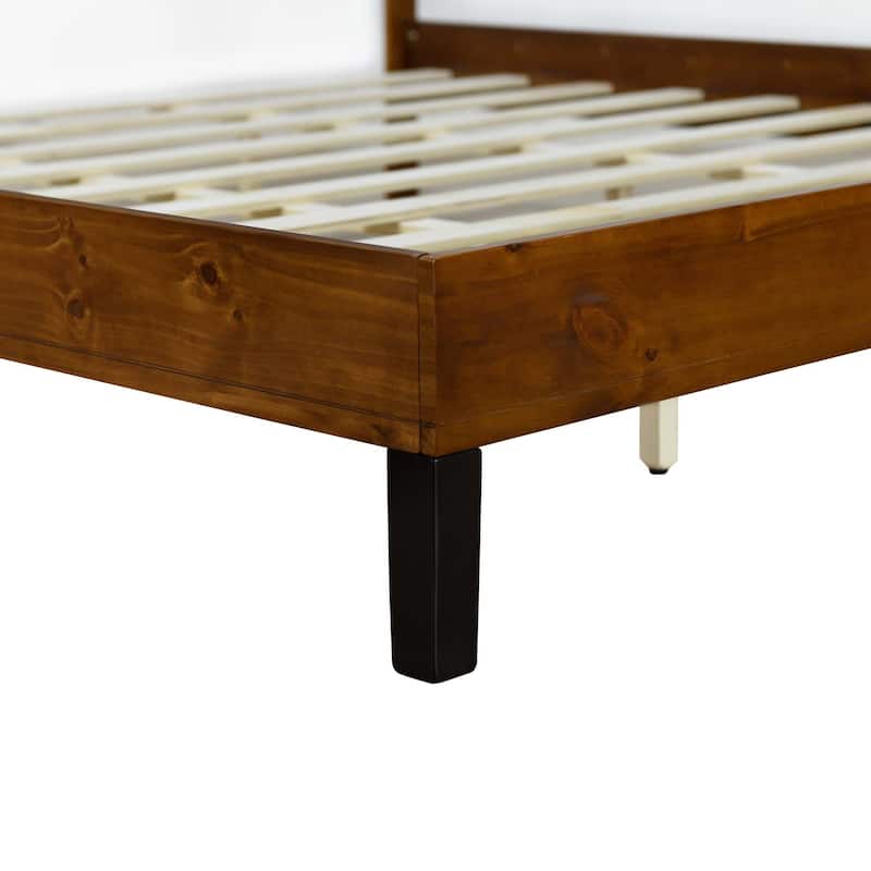 Brown Solid Wood Frame Platform Bed with Three-Piece Headboard Design