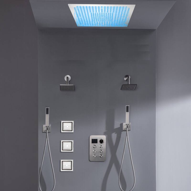 6 way Digital Display Shower Faucet with Dual 6'' regular head and body jets and flush mount top head - 7'6" x 10'9"